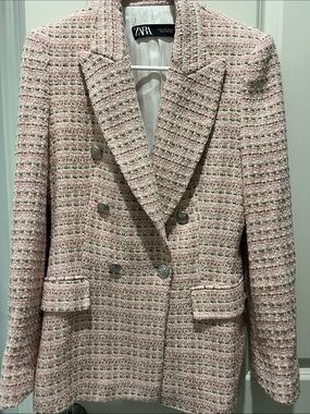 Zara Pink brown White Light Weight Tweed Double-Breasted Blazer Jacket